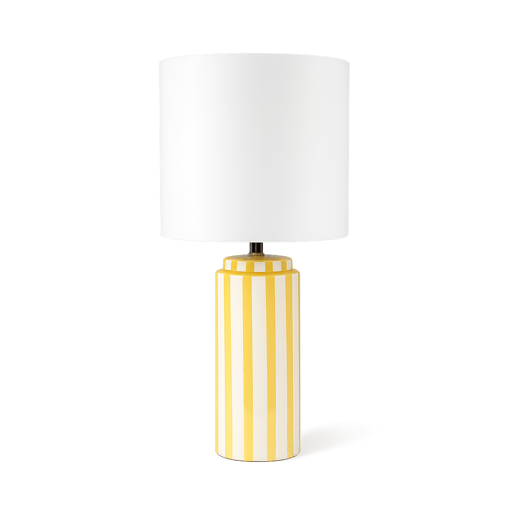 Faro 50cm Amarillo/blanco lámpara de mesa De Nordic Lighting - La base de cer&aacute;mica es de color blanco crema con rayas amarillas, creando un aspecto vibrante y armonioso.