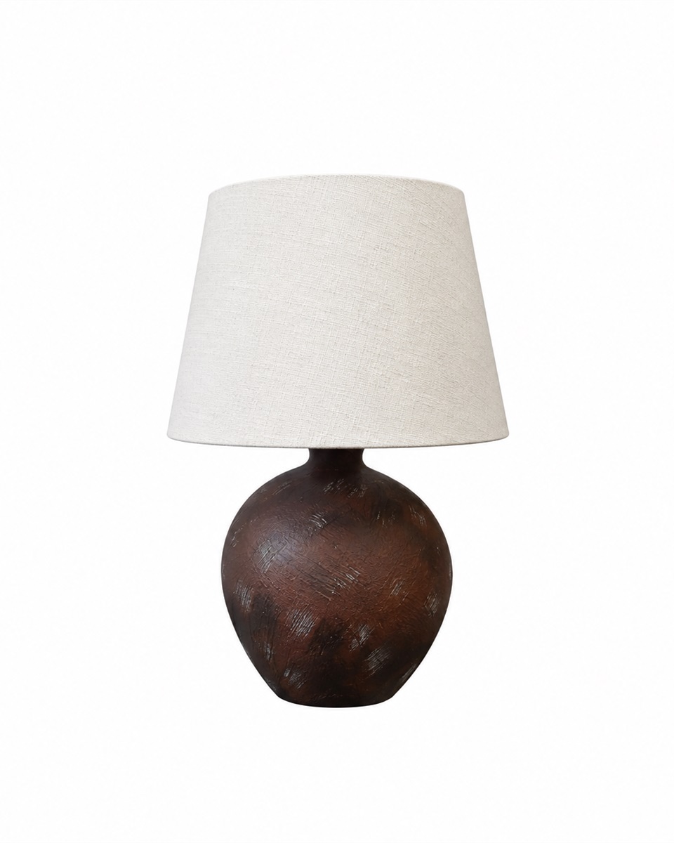 Bellmini 30cm Marrón oscuro lámpara de mesa De Nordic Lighting - La lámpara de mesa Bellmini impresiona por su hermosa base de cerámica en un rústico marrón oscuro y su pantalla de lino beige.
