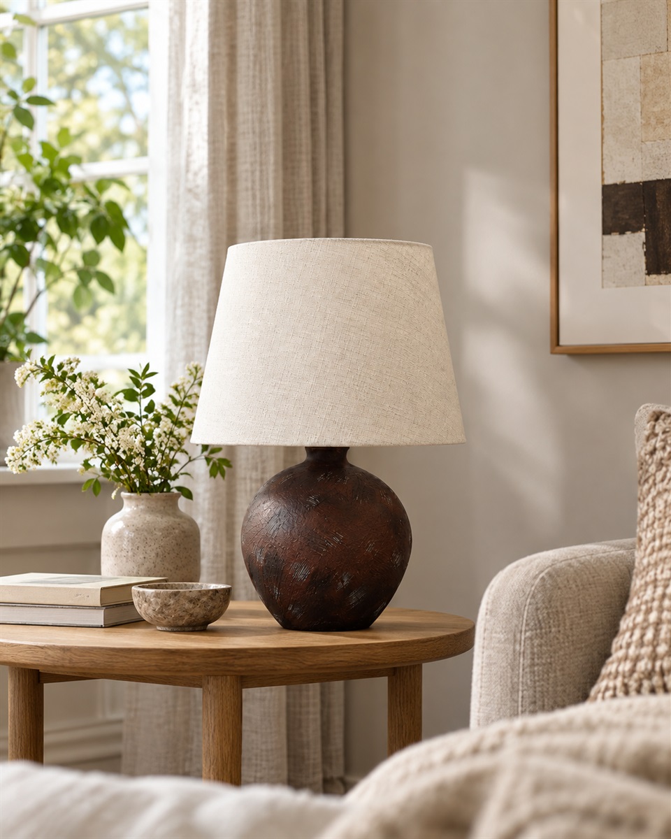 Bellmini 30cm Marrón oscuro lámpara de mesa De Nordic Lighting - La lámpara de mesa Bellmini impresiona por su hermosa base de cerámica en un rústico marrón oscuro y su pantalla de lino beige.