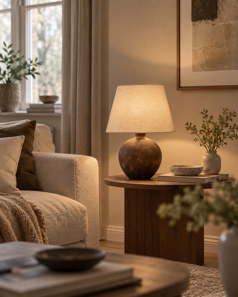Bellmini 30cm Marrón oscuro lámpara de mesa De Nordic Lighting - La lámpara de mesa Bellmini impresiona por su hermosa base de cerámica en un rústico marrón oscuro y su pantalla de lino beige.