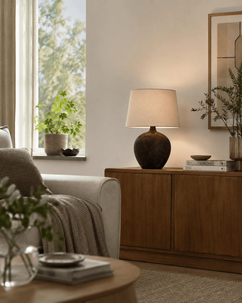 Bella 42cm Marrón oscuro lámpara de mesa De Nordic Lighting - La l&aacute;mpara de mesa Bella presenta una hermosa base de cer&aacute;mica con un acabado r&uacute;stico marr&oacute;n oscuro y una pantalla de lino beige.