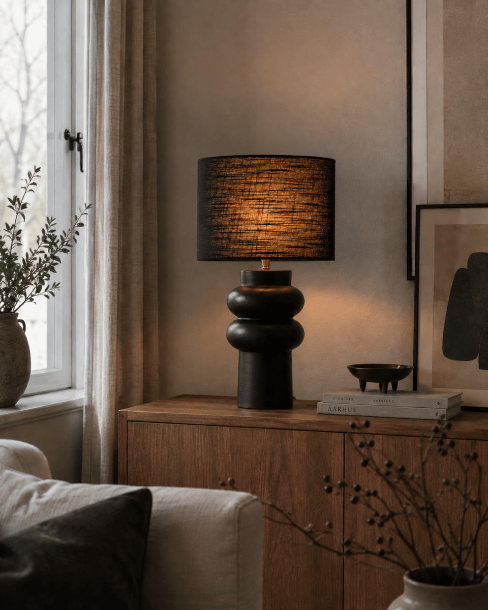 Anelli 56cm Negro lámpara de mesa De Nordic Lighting - La l&aacute;mpara de mesa Anelli&nbsp;negra combina una elegante base de cer&aacute;mica con una elegante pantalla de lino.