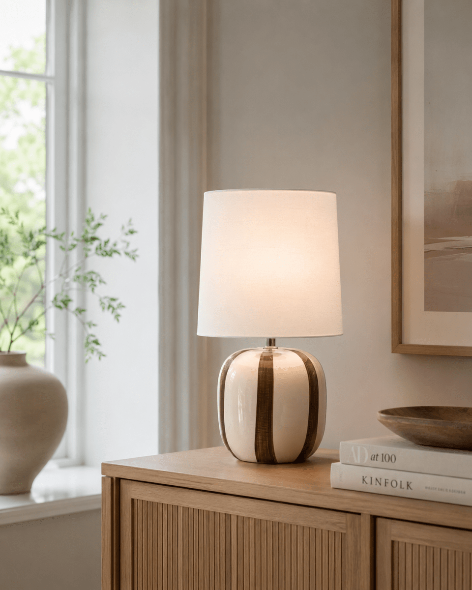 Pholca 38cm Blanco/marrón lámpara de mesa De Nordic Lighting - La l&aacute;mpara incluye un cable transparente de 1,8 m de longitud, un interruptor y un enchufe.
