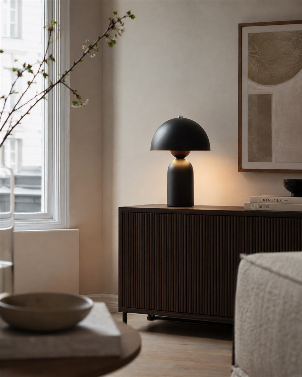 Capello 35cm Negro lámpara de mesa De Nordic Lighting - El detalle cromado decorativo en la parte superior le da un toque elegante y la convierte en un punto focal en dormitorios, salones y pasillos.