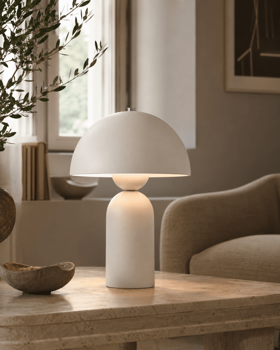Capello 35cm Blanco lámpara de mesa De Nordic Lighting - El detalle cromado decorativo en la parte superior le da un toque elegante y la convierte en un punto focal en dormitorios, salones y pasillos.