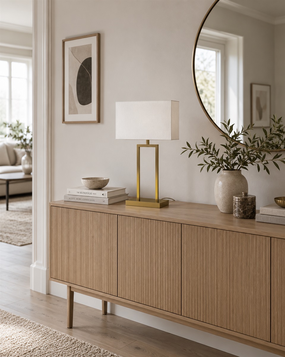 Gemma 52cm Latón lámpara de mesa De Nordic Lighting - Una elegante l&aacute;mpara de mesa de metal con un sofisticado acabado en lat&oacute;n que crea un ambiente c&aacute;lido y refinado.