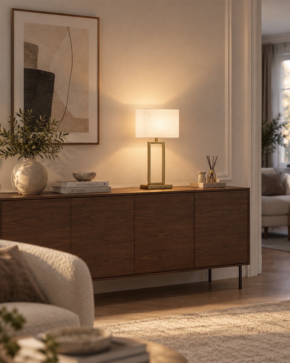 Gemma 52cm Latón lámpara de mesa De Nordic Lighting - Una elegante l&aacute;mpara de mesa de metal con un sofisticado acabado en lat&oacute;n que crea un ambiente c&aacute;lido y refinado.