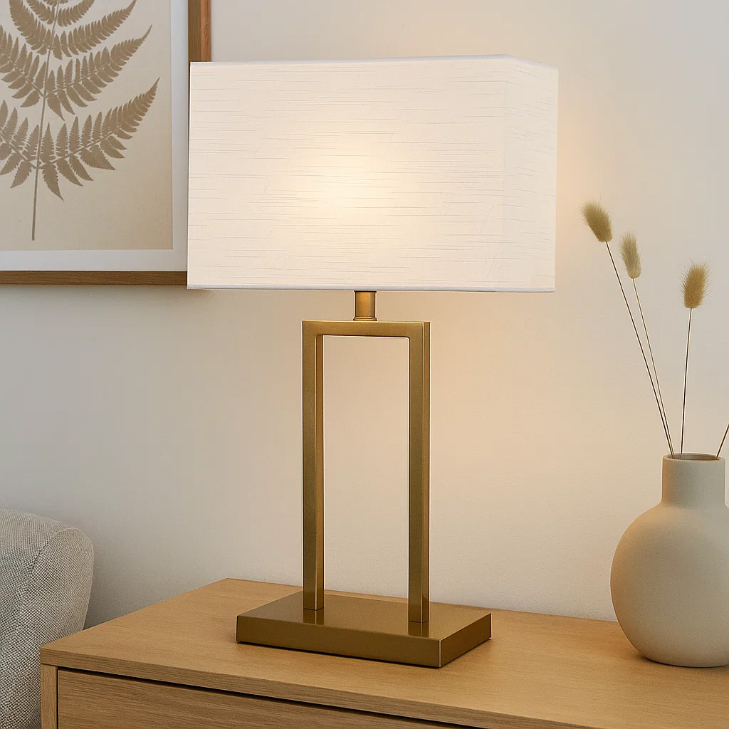 Gemma 52cm Latón lámpara de mesa De Nordic Lighting - Una elegante l&aacute;mpara de mesa de metal con un sofisticado acabado en lat&oacute;n que crea un ambiente c&aacute;lido y refinado.