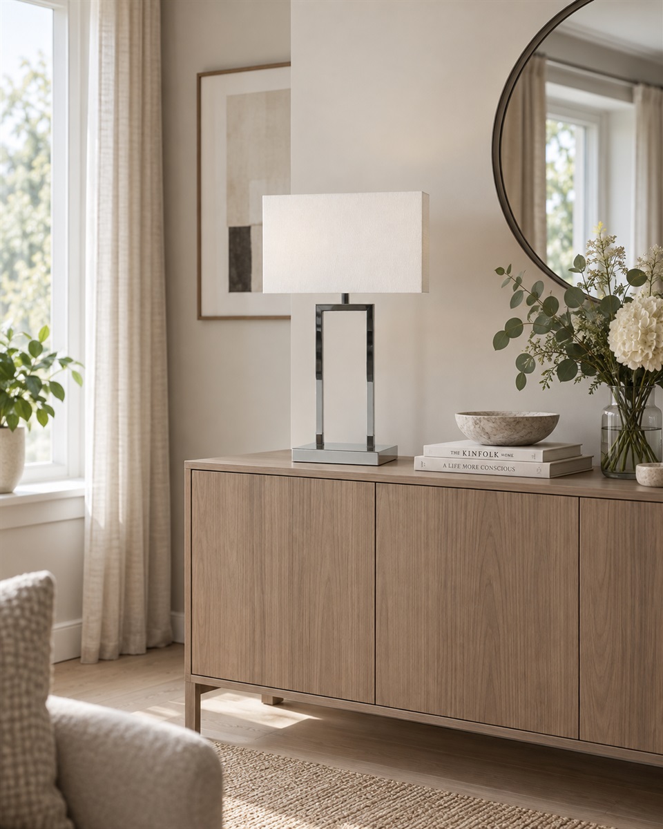 Gemma 52cm Cromo lámpara de mesa De Nordic Lighting - Una elegante l&aacute;mpara de mesa de metal con un sofisticado acabado cromado que irradia exclusividad.