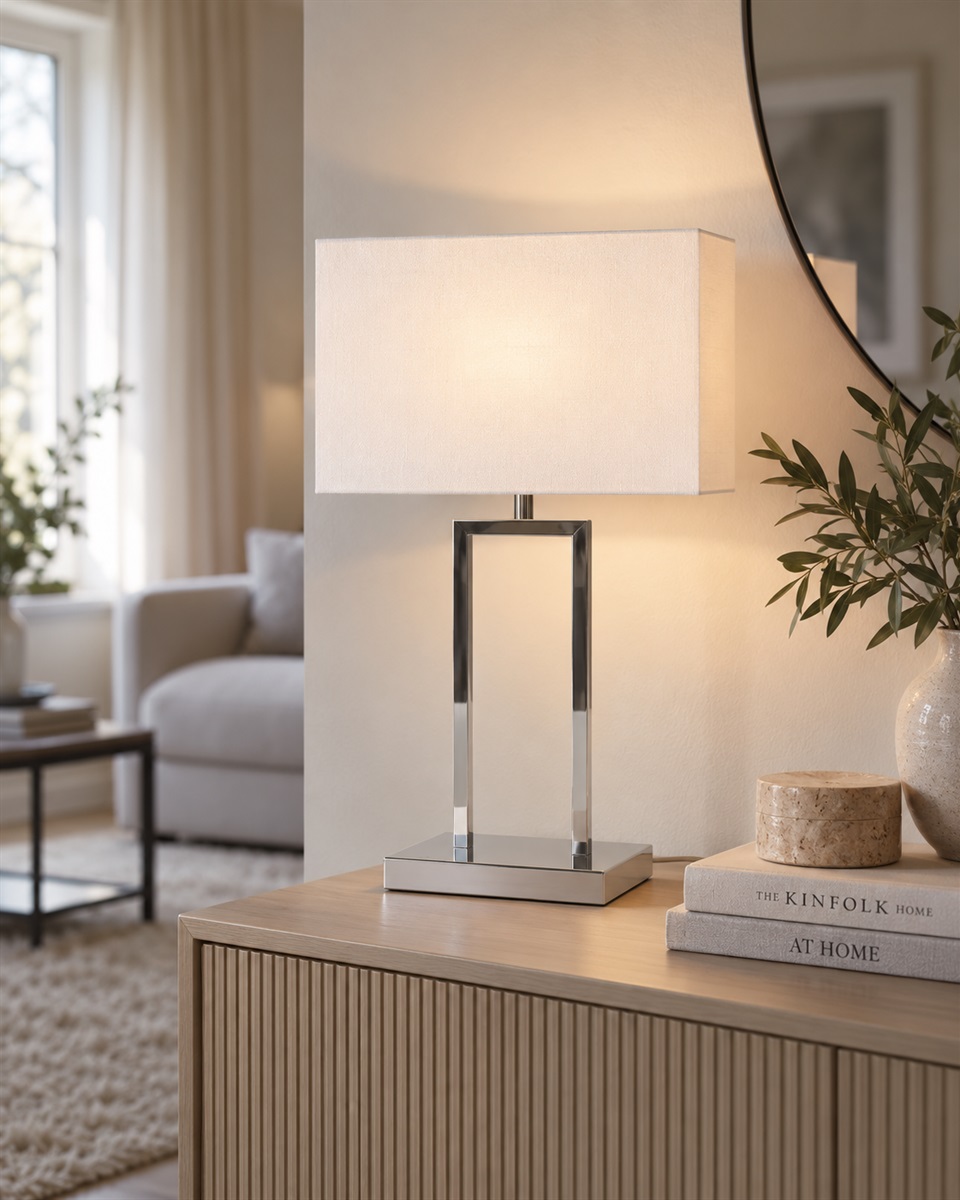Gemma 52cm Cromo lámpara de mesa De Nordic Lighting - Una elegante l&aacute;mpara de mesa de metal con un sofisticado acabado cromado que irradia exclusividad.