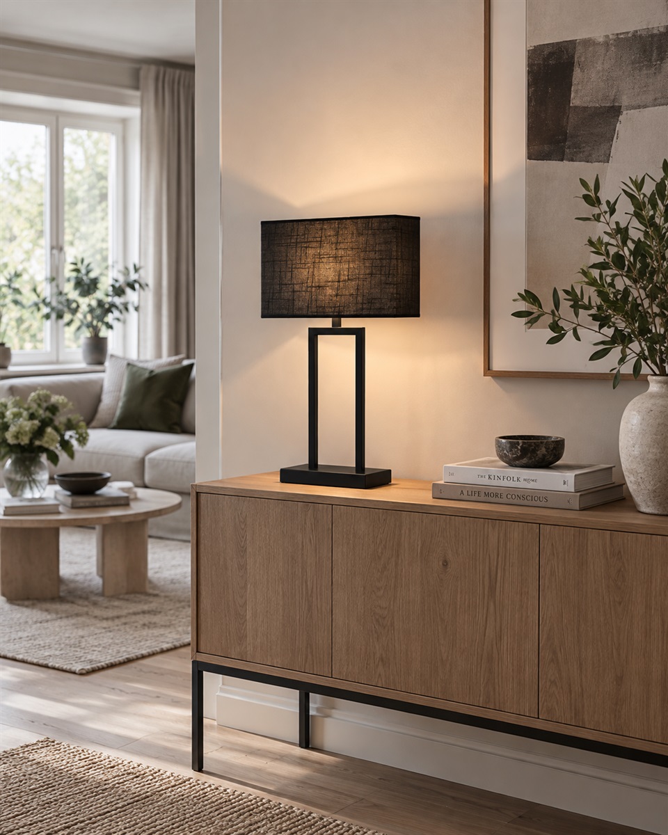 Gemma 52cm Negro lámpara de mesa De Nordic Lighting - Una elegante l&aacute;mpara de mesa met&aacute;lica con acabado negro, que irradia un estilo industrial y sofisticado.