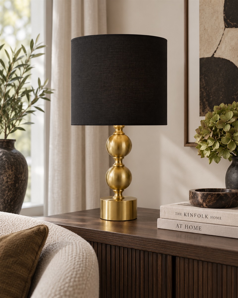 Circolo 48cm Latón/negro lámpara de mesa De Nordic Lighting - La l&aacute;mpara de mesa Circolo combina una base met&aacute;lica decorativa con un elegante acabado en lat&oacute;n y una cl&aacute;sica pantalla de lino negro.