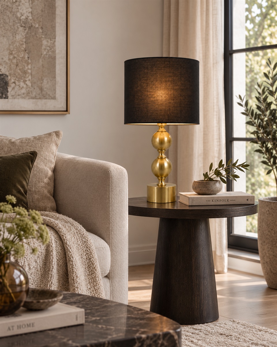 Circolo 48cm Latón/negro lámpara de mesa De Nordic Lighting - La l&aacute;mpara de mesa Circolo combina una base met&aacute;lica decorativa con un elegante acabado en lat&oacute;n y una cl&aacute;sica pantalla de lino negro.