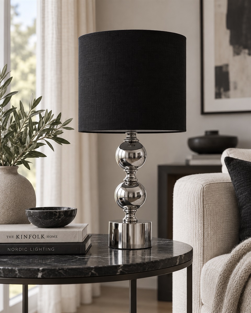 Circolo 48cm Cromo/negro lámpara de mesa De Nordic Lighting - La l&aacute;mpara de mesa Circolo combina una base met&aacute;lica decorativa con un elegante acabado cromado y una cl&aacute;sica pantalla de lino negro.