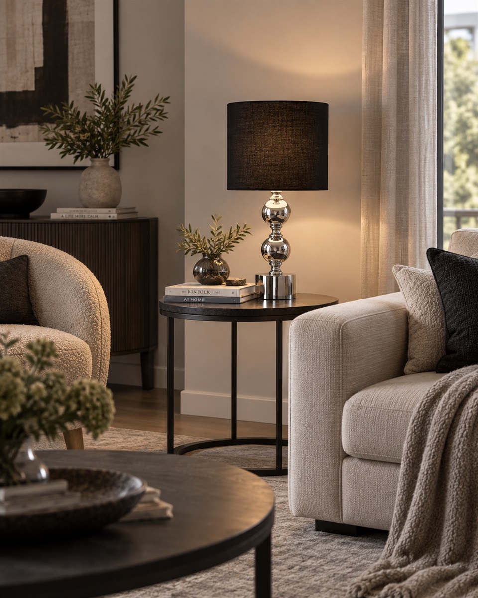 Circolo 48cm Cromo/negro lámpara de mesa De Nordic Lighting - La l&aacute;mpara de mesa Circolo combina una base met&aacute;lica decorativa con un elegante acabado cromado y una cl&aacute;sica pantalla de lino negro.