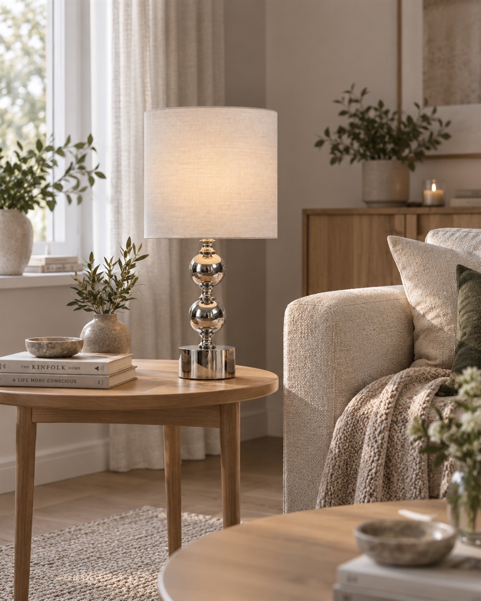 Circolo 48cm Cromo/blanco lámpara de mesa De Nordic Lighting - La l&aacute;mpara de mesa Circolo combina una base met&aacute;lica decorativa con un elegante acabado cromado y una cl&aacute;sica pantalla de lino blanco.
