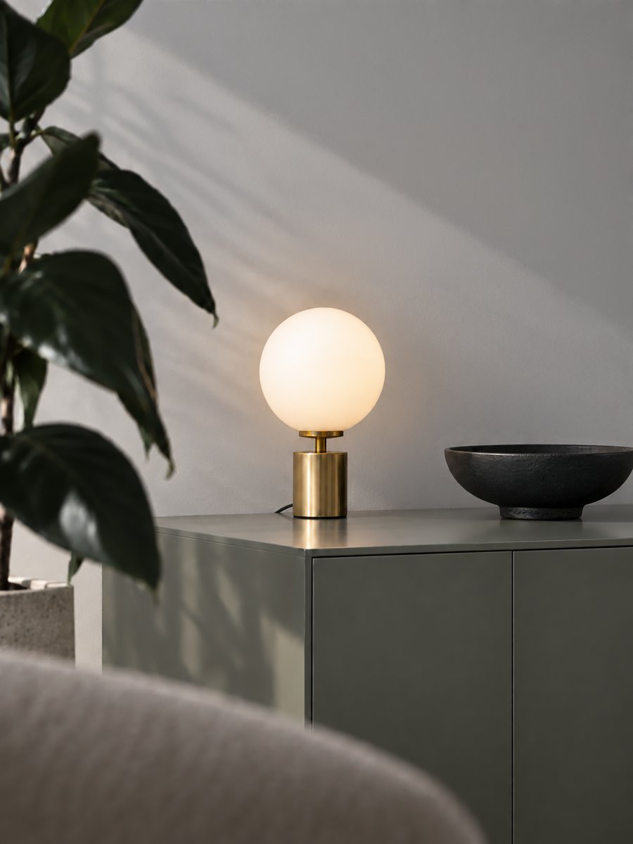 Ballon 24cm Latón lámpara de mesa De Herstal - Balloon encaja a la perfección en una mesa auxiliar, junto a una ventana o sobre un escritorio, y se convierte en un elemento decorativo que atrae todas las miradas incluso cuando está apagada.