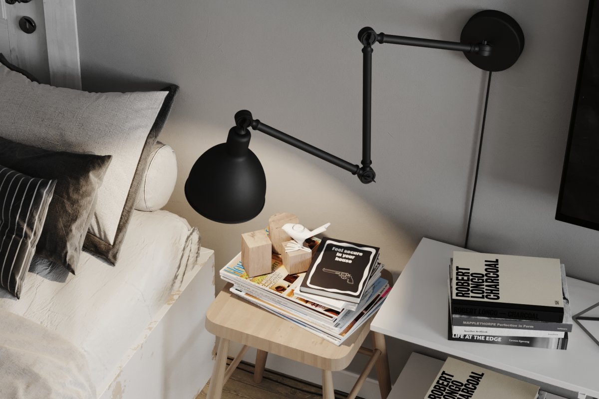 Bazar 122cm Negro lámpara de pared De By Rydéns - Con sus articulaciones flexibles y su cabezal de lámpara ajustable, Bazar es perfecta como lámpara de lectura en el dormitorio y como fuente de luz sobre la encimera de la cocina.