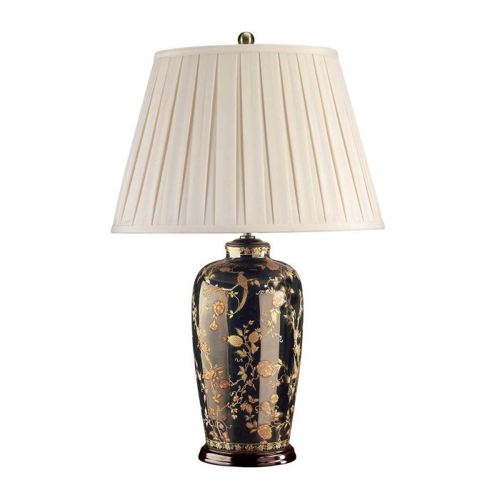 Black Birds 74cm Negro lámpara de mesa De Elstead Lighting - Utrustad med en tr&auml;bas, veckad lampsk&auml;rm i kr&auml;mf&auml;rgad textil och en dekorativ avslutning i antikm&auml;ssing.