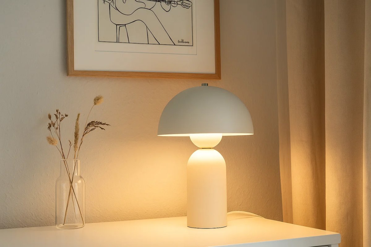 Capello 35cm Blanco lámpara de mesa De Nordic Lighting - El detalle cromado decorativo en la parte superior le da un toque elegante y la convierte en un punto focal en dormitorios, salones y pasillos.