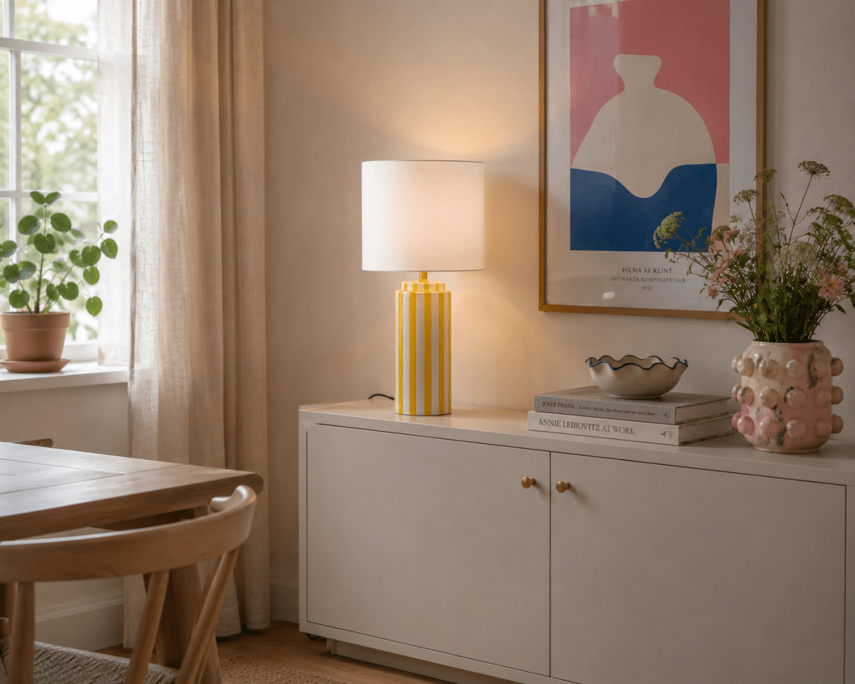 Faro 50cm Amarillo/blanco lámpara de mesa De Nordic Lighting - La base de cer&aacute;mica es de color blanco crema con rayas amarillas, creando un aspecto vibrante y armonioso.
