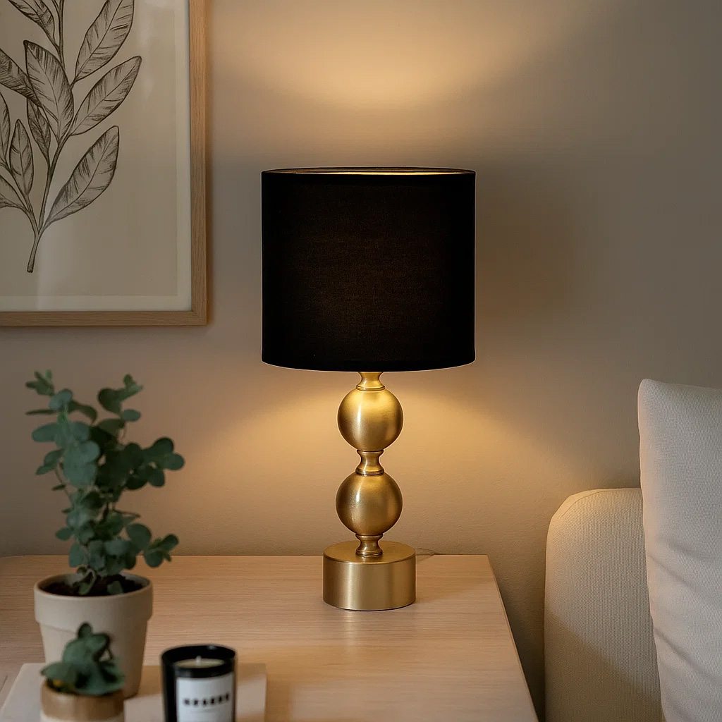 Circolo 48cm Latón/negro lámpara de mesa De Nordic Lighting - La l&aacute;mpara de mesa Circolo combina una base met&aacute;lica decorativa con un elegante acabado en lat&oacute;n y una cl&aacute;sica pantalla de lino negro.