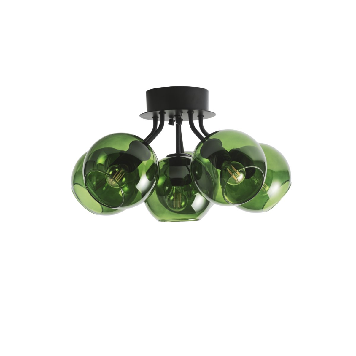 Imagen ampliada de Tage Ø50 Verde plafón De CO Bankeryd - La estructura negra armoniza a la perfecci&oacute;n con las seis pantallas de cristal tintado en verde, otorg&aacute;ndole un aspecto distintivo y elegante.