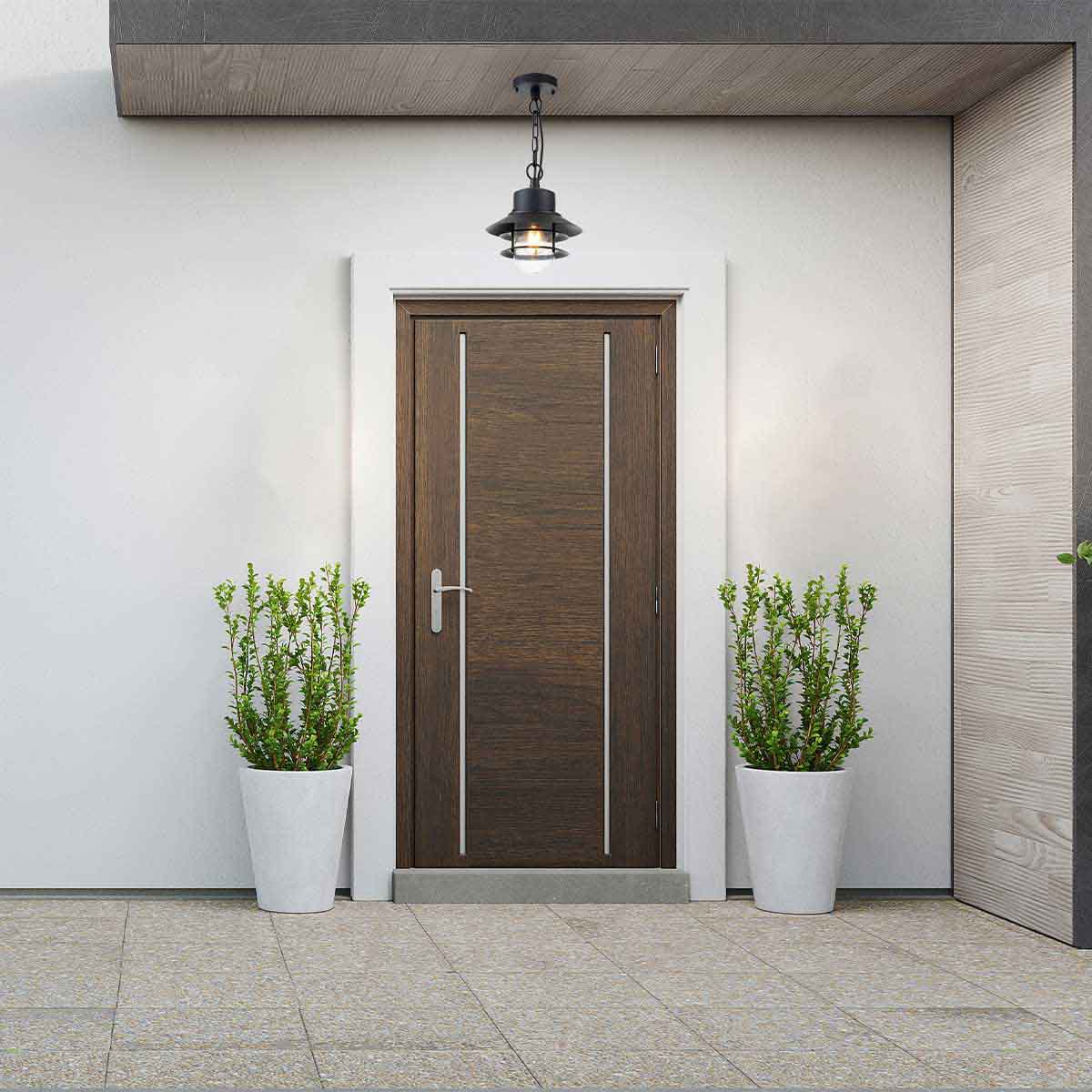 Copenhagen Ø22 Negro De Elstead Lighting - Tillverkad av rostfritt st&aring;l i svart finish och glas, erbjuder den en h&aring;llbar och v&auml;dert&aring;lig konstruktion som passar perfekt f&ouml;r entr&eacute;er, altaner och verandor.