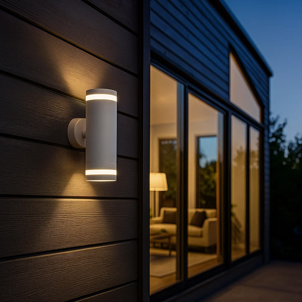 Cylinder Duo Blanco lámpara de exterior De Lampan - Lampan lyser fint b&aring;de upp och ner p&aring; v&auml;ggen.