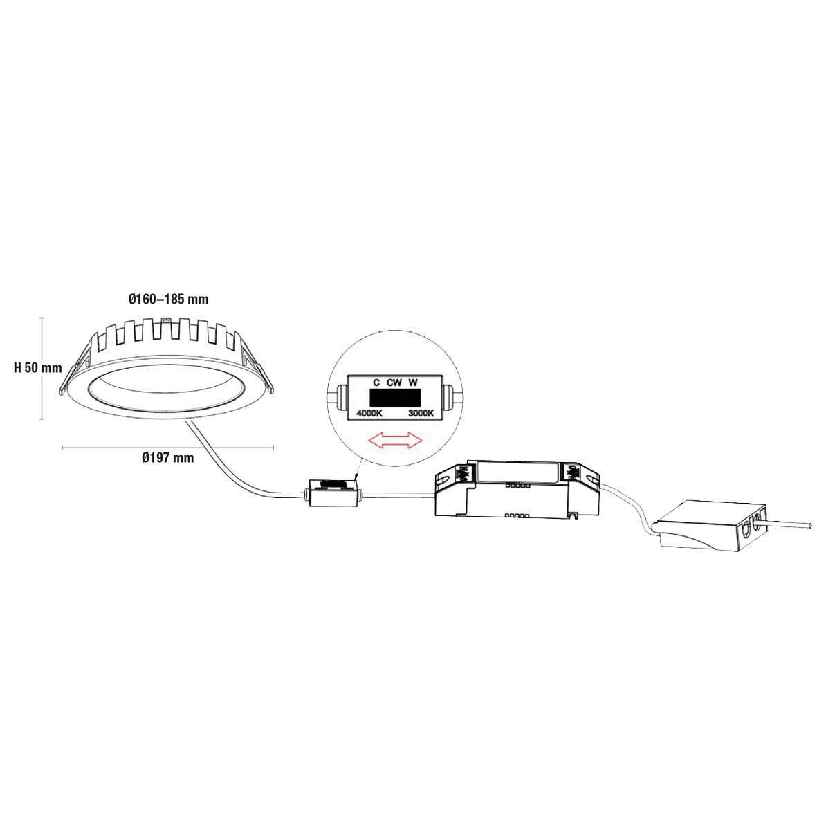 City Downlight 16/20/24W Blanco De Designlight - La potencia es ajustable en tres niveles: 16 W, 20 W o 24 W, y la temperatura de color se puede seleccionar entre 3000 K (luz m&aacute;s c&aacute;lida y agradable) y 4000 K (blanco neutro, luz ligeramente m&aacute;s brillante).