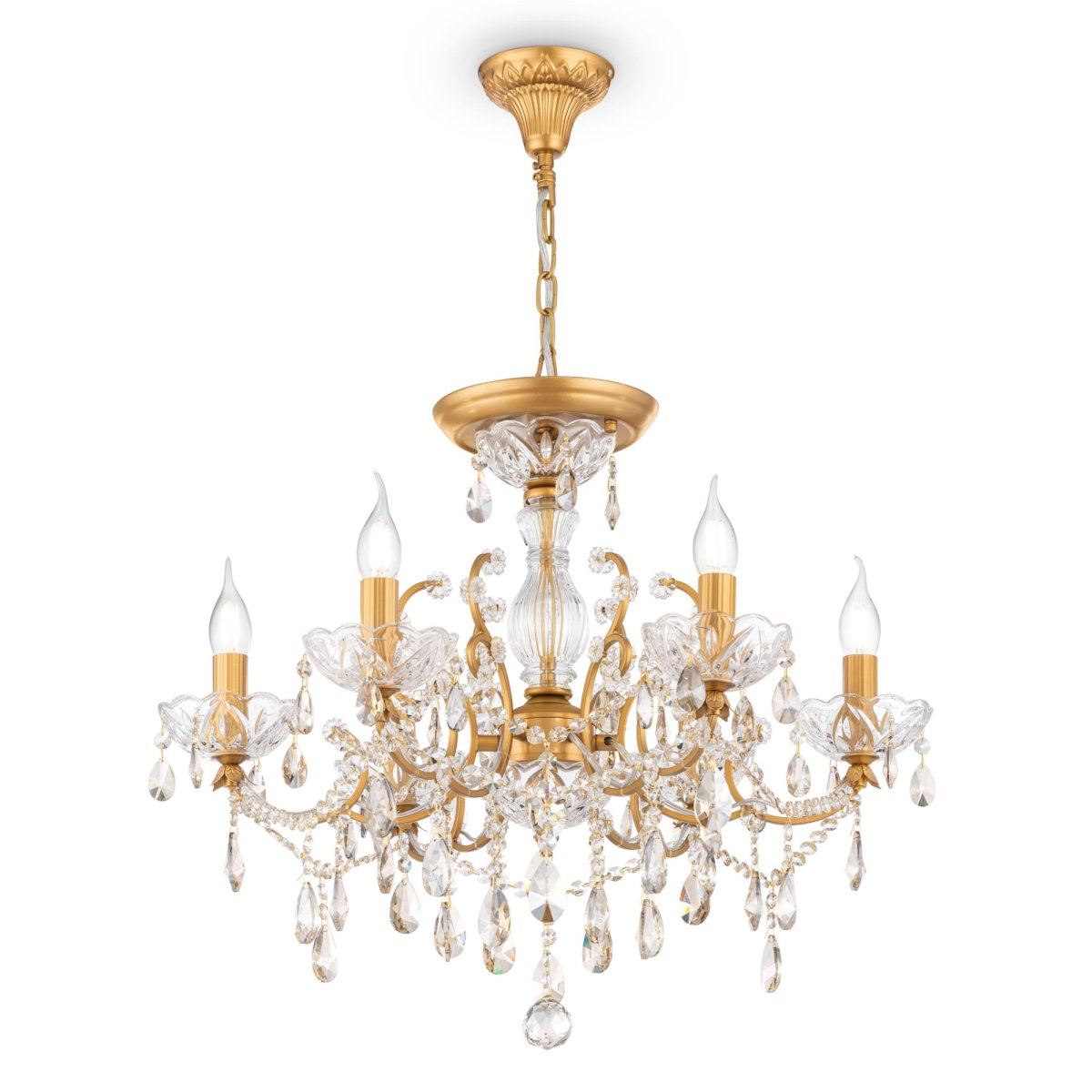 Sevilla Ø60 Oro cristal De Maytoni - Esta lujosa l&aacute;mpara de ara&ntilde;a cuenta con un marco de metal dorado y est&aacute; decorada con cristales de varias formas y cortes, lo que le da un aspecto atemporal y elegante.