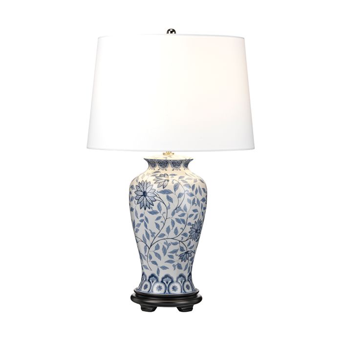 Ying 65cm Azul lámpara de mesa De Elstead Lighting - Vacker bordslampa med dekorativt bl&aring;tt och vitt m&ouml;nster p&aring; porslinbasen med en m&ouml;rk tr&auml;bas och satin-nickeldetaljer.