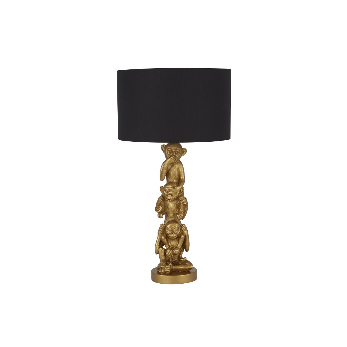 Monkey 40cm Oro lámpara de mesa De Searchlight - Esta encantadora lámpara de mesa presenta un mono detallado sobre un marco dorado con una pantalla negra y un interior blanco.