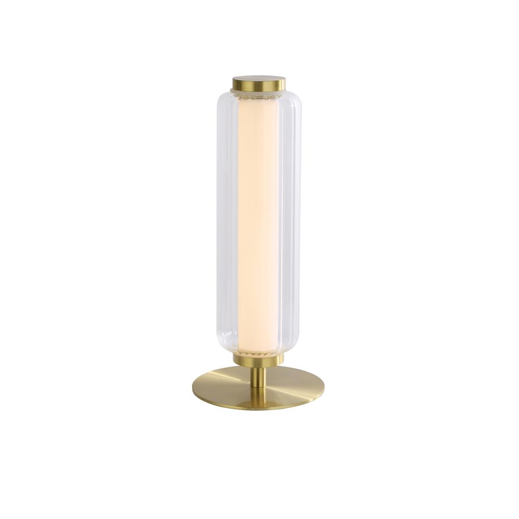 Mod 30cm Latón lámpara de mesa De Searchlight - Esta elegante l&aacute;mpara de mesa combina una c&aacute;lida superficie de lat&oacute;n satinado con l&iacute;neas modernas y limpias y una elegante pantalla de cristal acanalado.