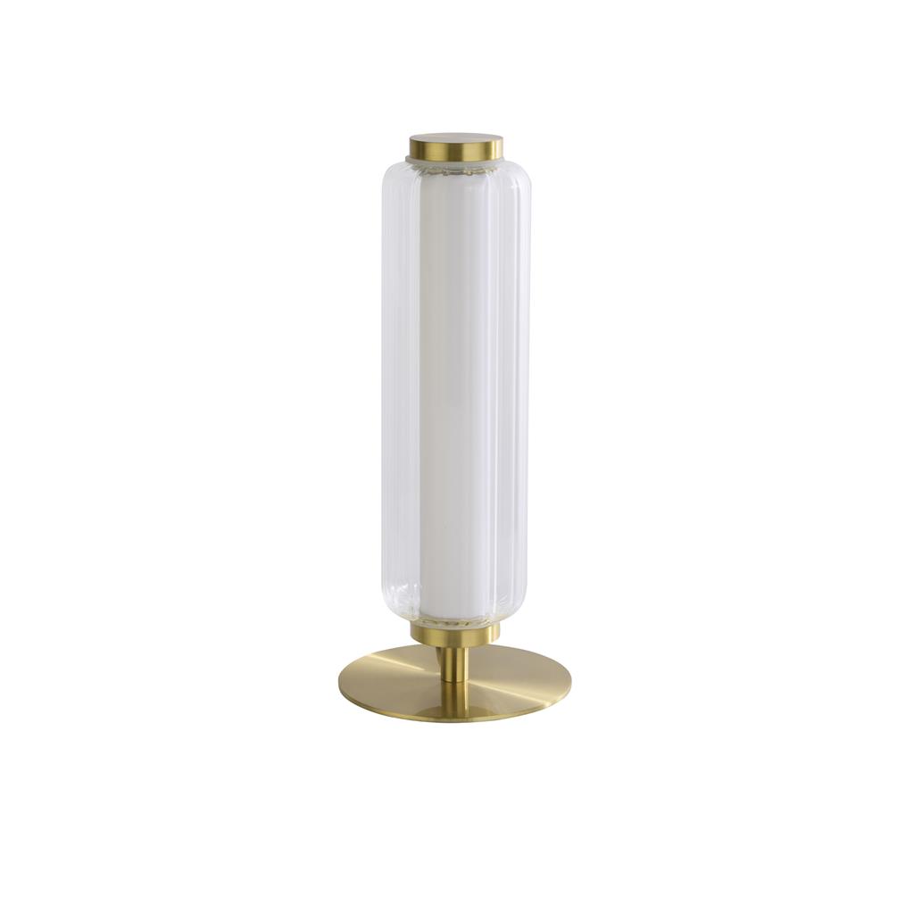 Mod 30cm Latón lámpara de mesa De Searchlight - Esta elegante l&aacute;mpara de mesa combina una c&aacute;lida superficie de lat&oacute;n satinado con l&iacute;neas modernas y limpias y una elegante pantalla de cristal acanalado.