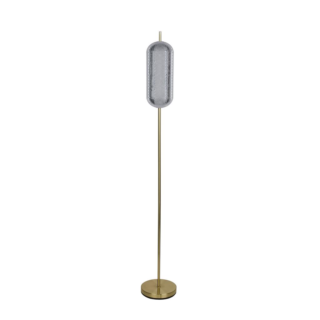 Capsule Latón lámpara de pie De Searchlight - Capsule es una elegante y moderna lámpara de pie con detalles de latón satinado y una pantalla de cristal acrílico que difunde una luz suave y agradable.