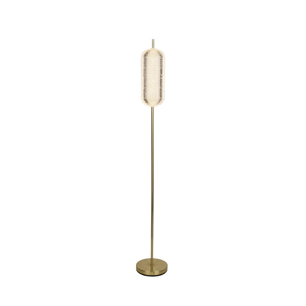 Capsule Latón lámpara de pie De Searchlight - Capsule es una elegante y moderna lámpara de pie con detalles de latón satinado y una pantalla de cristal acrílico que difunde una luz suave y agradable.