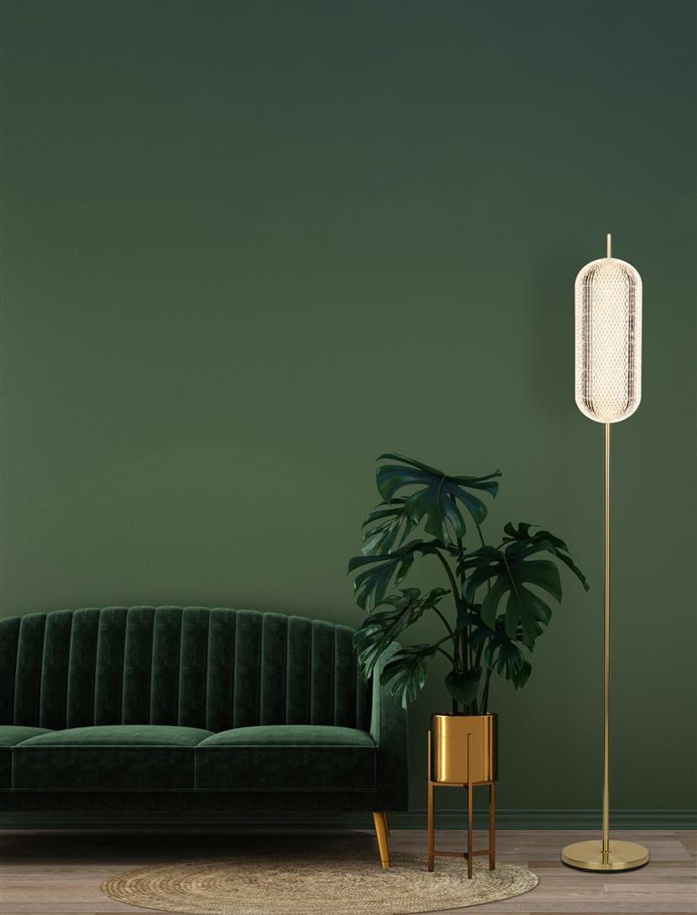 Capsule Latón lámpara de pie De Searchlight - Capsule es una elegante y moderna lámpara de pie con detalles de latón satinado y una pantalla de cristal acrílico que difunde una luz suave y agradable.