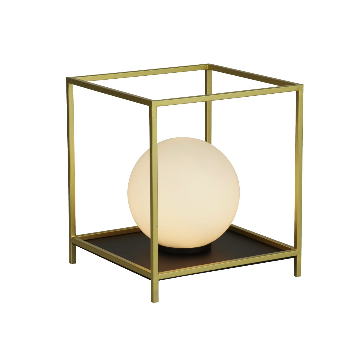 Block 20cm Oro lámpara de mesa De Searchlight - La fuente de luz esférica de color blanco opalino está enmarcada por una estructura metálica cuadrada con acabado dorado, creando un equilibrio perfecto entre forma y función.