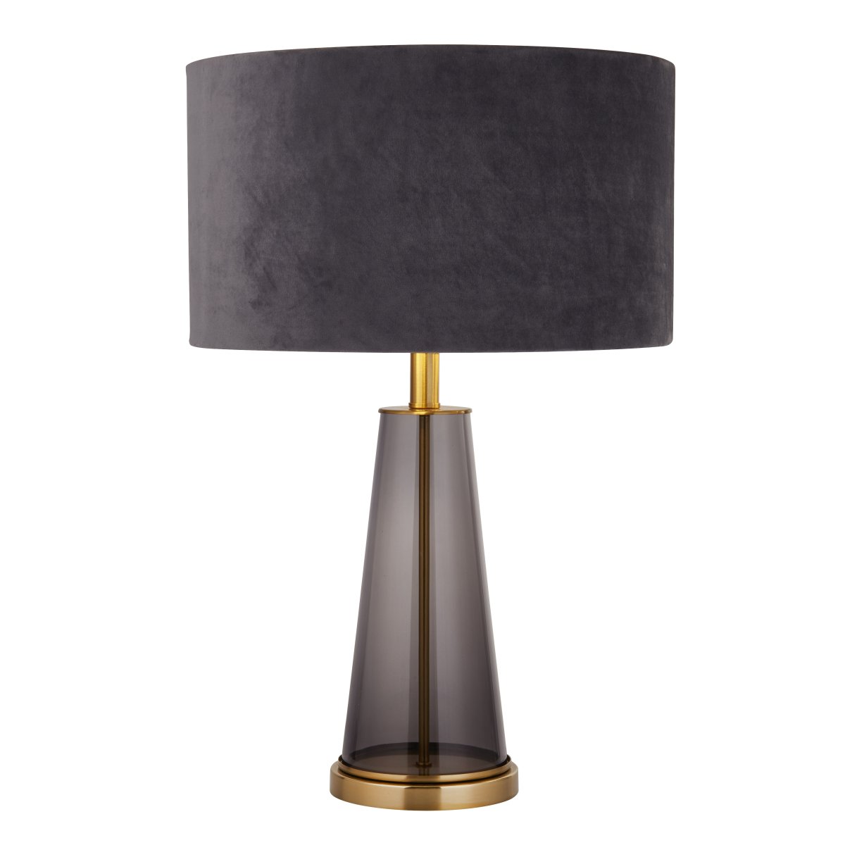 Verona 44cm Gris lámpara de mesa De Searchlight - Con base de cristal ahumado y dorado y pantalla de terciopelo gris, esta lámpara de mesa de 60 cm de altura se convertirá en un detalle elegante y sofisticado en tu hogar.