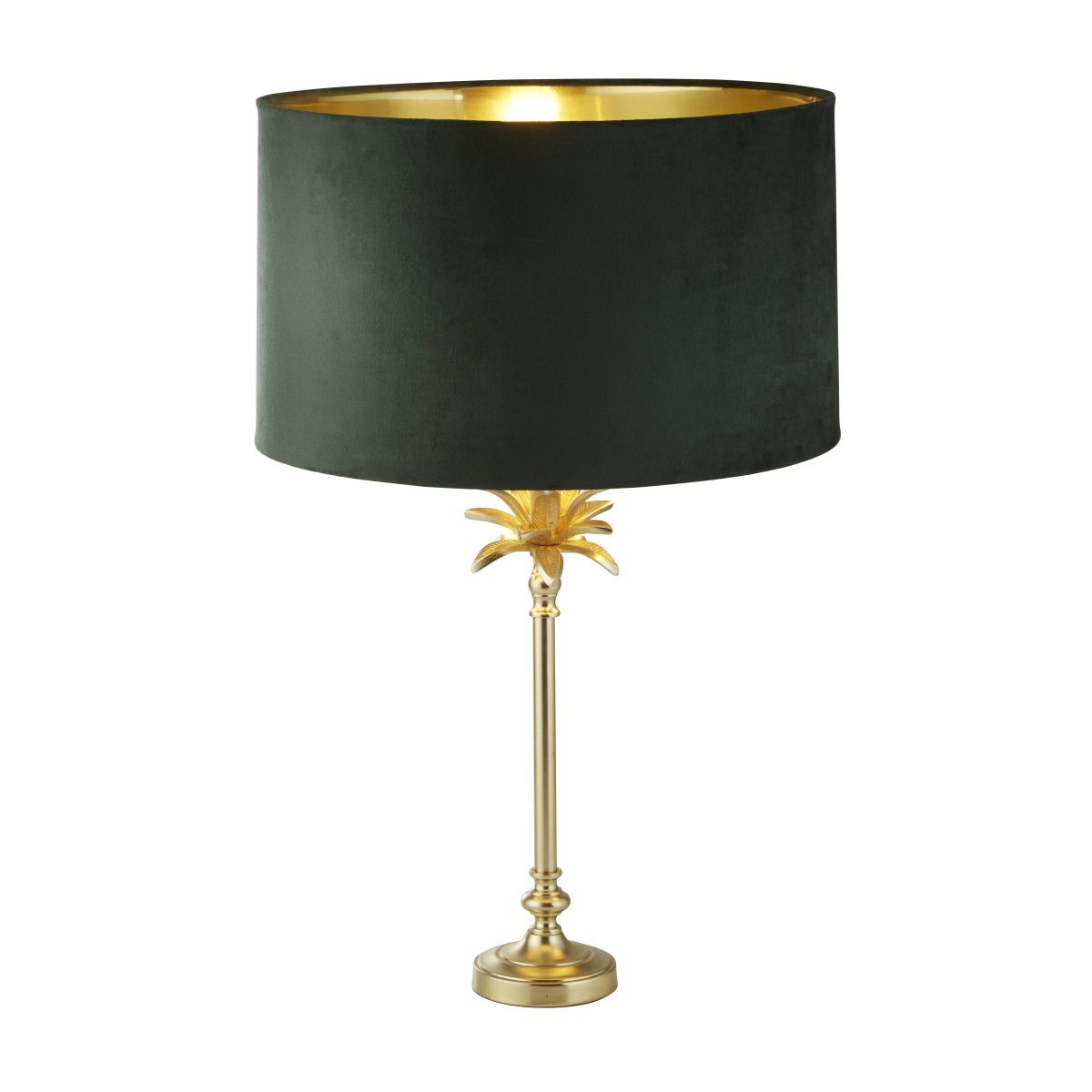 Palm 45cm Verde lámpara de mesa De Searchlight - La lámpara de mesa presenta una base de latón satinado en forma de palmera, coronada por una lujosa pantalla de terciopelo verde oscuro con un interior dorado, que agrega una sensación de elegancia y sofisticación a la habitación.