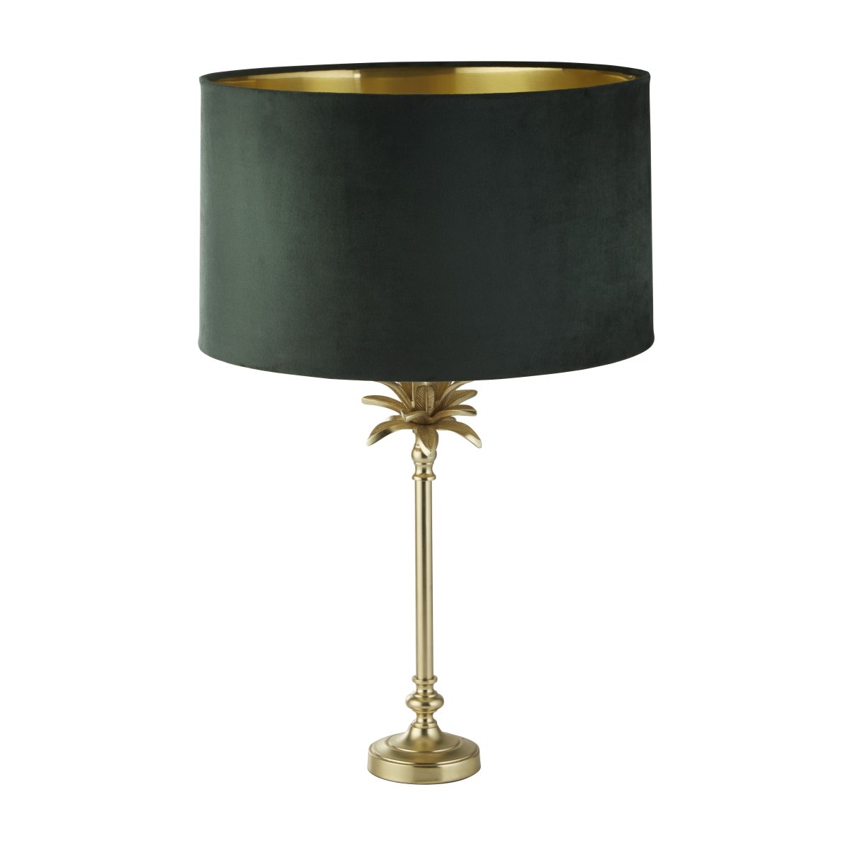 Palm 45cm Verde lámpara de mesa De Searchlight - La lámpara de mesa presenta una base de latón satinado en forma de palmera, coronada por una lujosa pantalla de terciopelo verde oscuro con un interior dorado, que agrega una sensación de elegancia y sofisticación a la habitación.