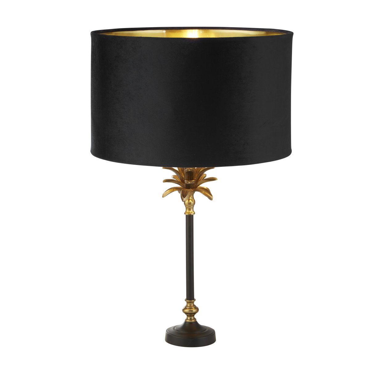 Palm 45cm Negro lámpara de mesa De Searchlight - Fabricada con materiales de alta calidad, cuenta con una base de latón antiguo y negro mate en forma de palmera, rematada con una lujosa pantalla de terciopelo negro con un interior de color dorado.