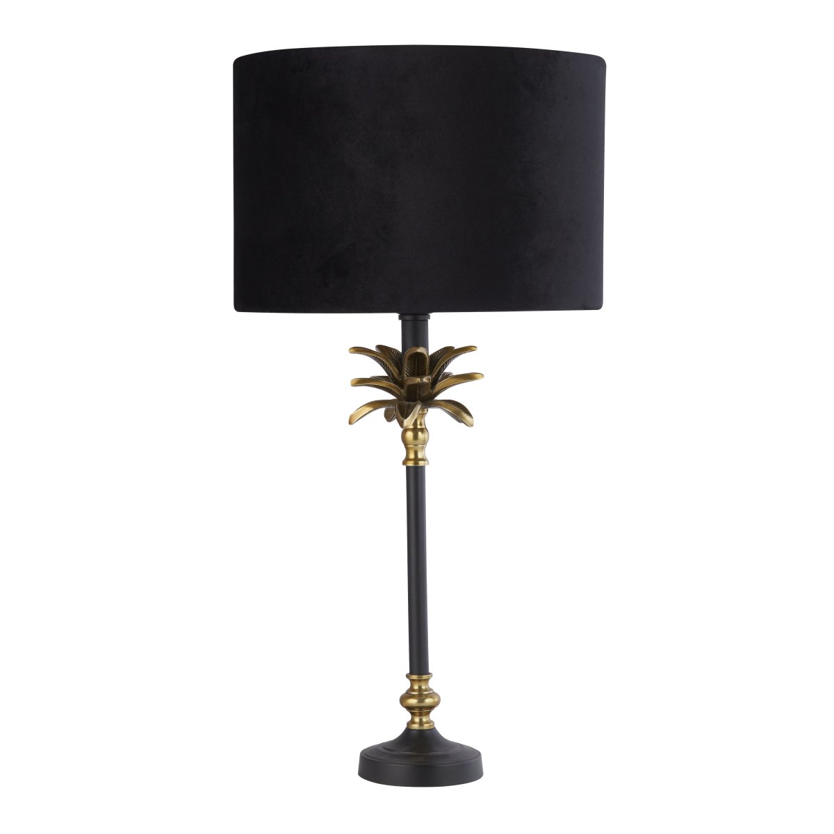 Palm 45cm Negro lámpara de mesa De Searchlight - Fabricada con materiales de alta calidad, cuenta con una base de latón antiguo y negro mate en forma de palmera, rematada con una lujosa pantalla de terciopelo negro con un interior de color dorado.