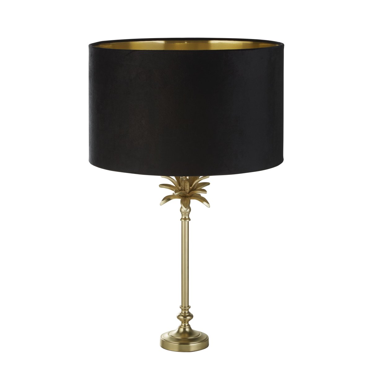 Palm 45cm Negro lámpara de mesa De Searchlight - La lámpara de mesa presenta una base de latón satinado en forma de palmera, coronada por una lujosa pantalla de terciopelo negro con un interior dorado, agregando una sensación de elegancia y sofisticación a la habitación.