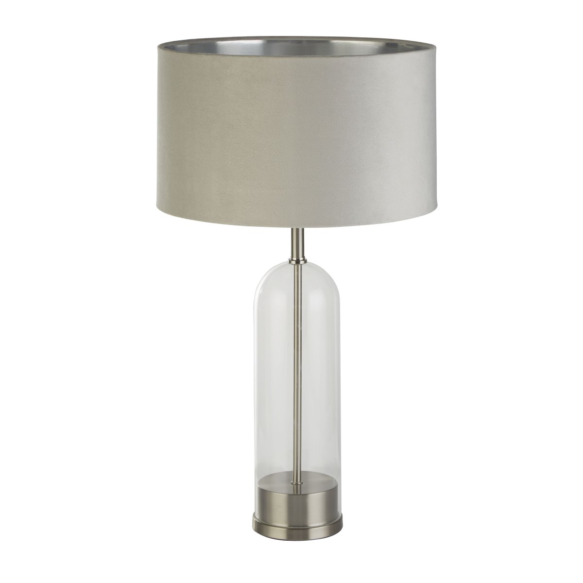 Oxford 44cm Gris lámpara de mesa De Searchlight - El acabado en n&iacute;quel satinado a&ntilde;ade un encanto atemporal, mientras que la llamativa pantalla de terciopelo gris con interior plateado a&ntilde;ade elegancia.