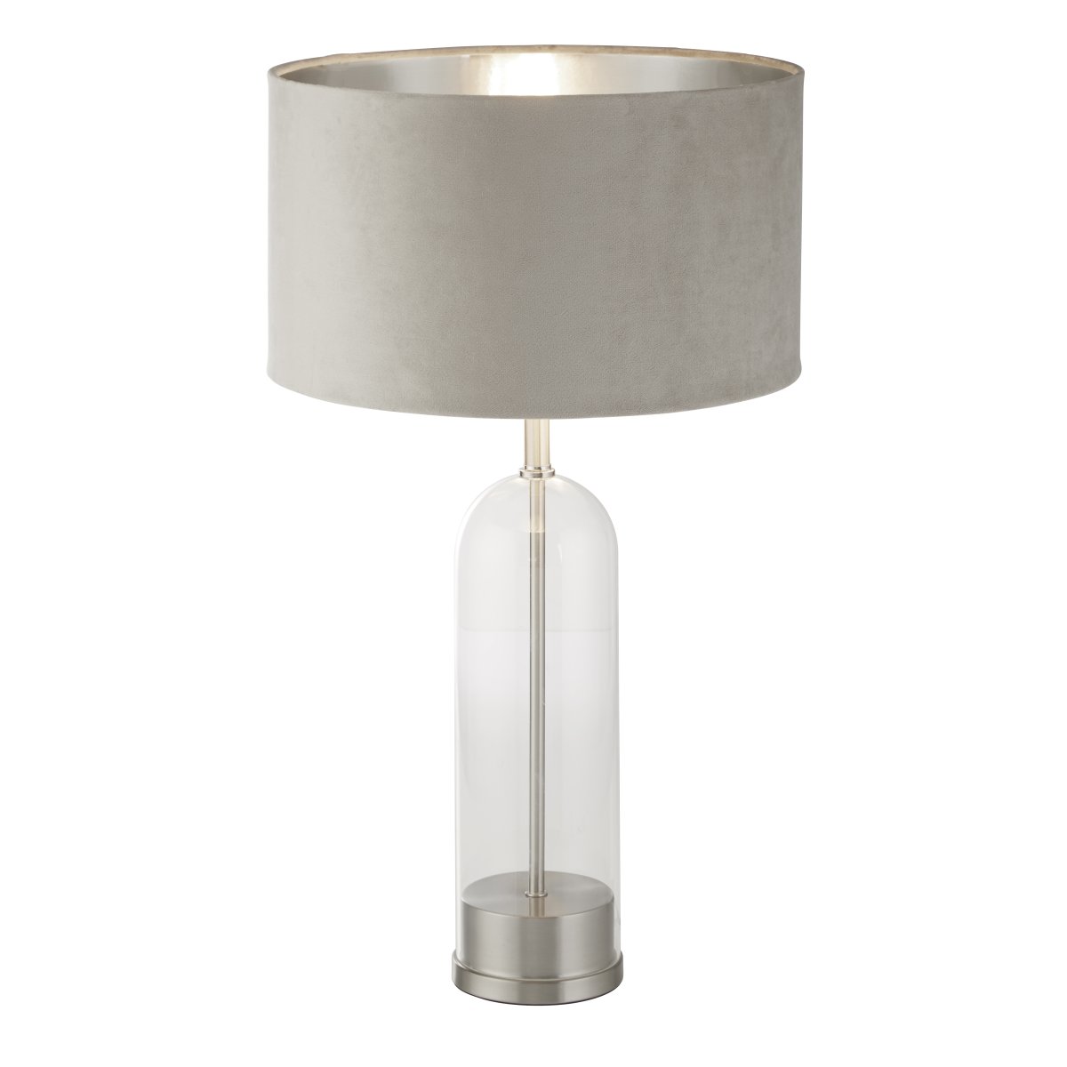 Oxford 44cm Beige lámpara de mesa De Searchlight - El acabado en n&iacute;quel satinado a&ntilde;ade un encanto atemporal, mientras que la llamativa pantalla de terciopelo color topo con interior plateado a&ntilde;ade elegancia.