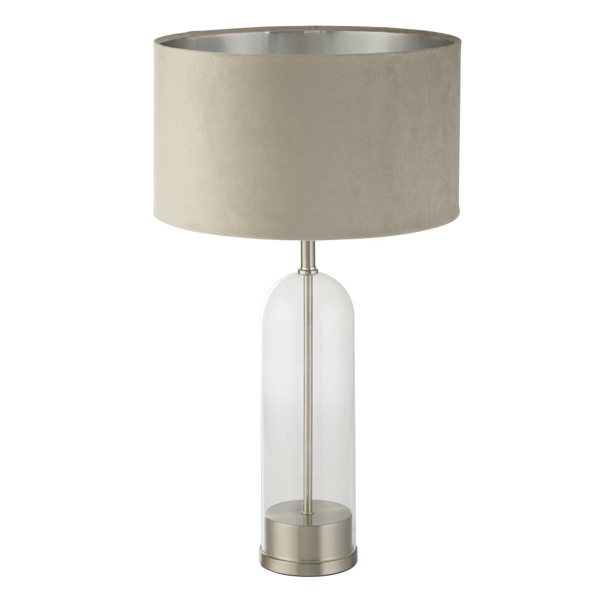 Oxford 44cm Beige lámpara de mesa De Searchlight - El acabado en n&iacute;quel satinado a&ntilde;ade un encanto atemporal, mientras que la llamativa pantalla de terciopelo color topo con interior plateado a&ntilde;ade elegancia.