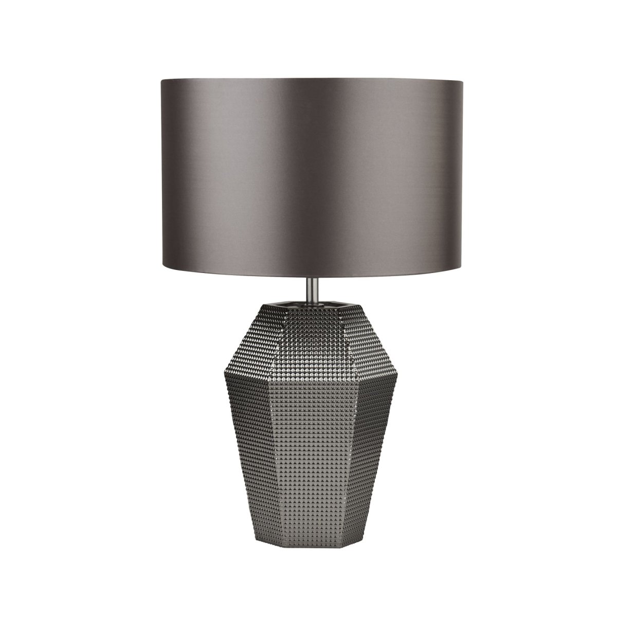 Lucy 36cm Cromo lámpara de mesa De Searchlight - La lámpara de mesa Lucy, de cristal ahumado, tiene una base hexagonal gris y una pantalla gris a juego.