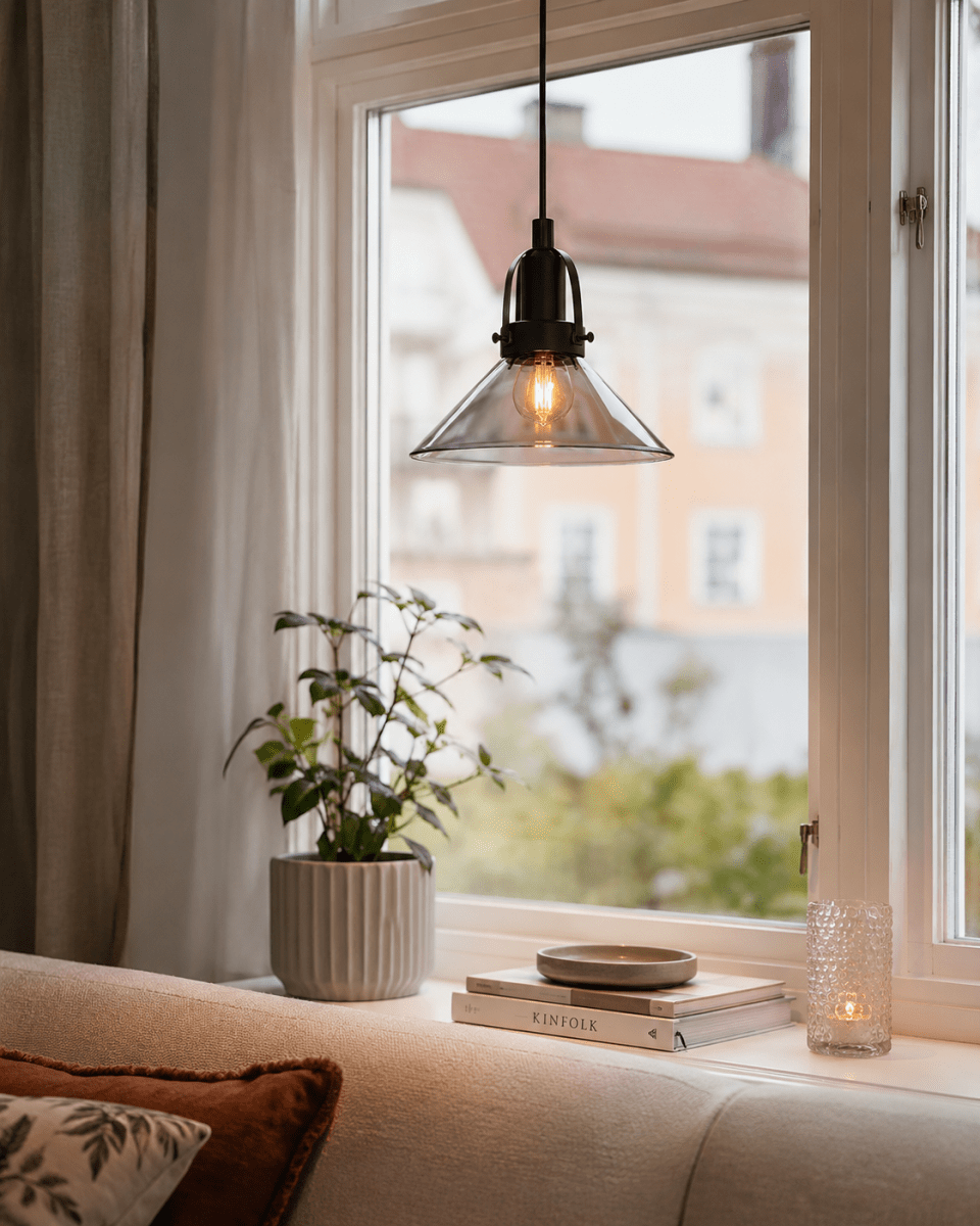Mäster Ø20 Negro/Ahumado lámpara de ventana De Lampan - Incluye un cable de pl&aacute;stico negro de 3,5 m y un enchufe.